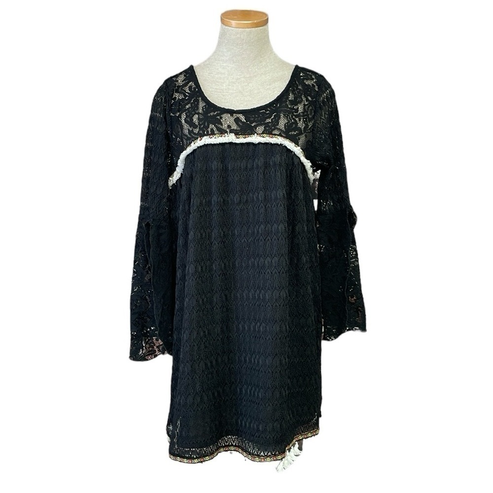 Umgee Blouse Women's M Medium Black Lace Floral Tunic Top Tassels Mini Dress